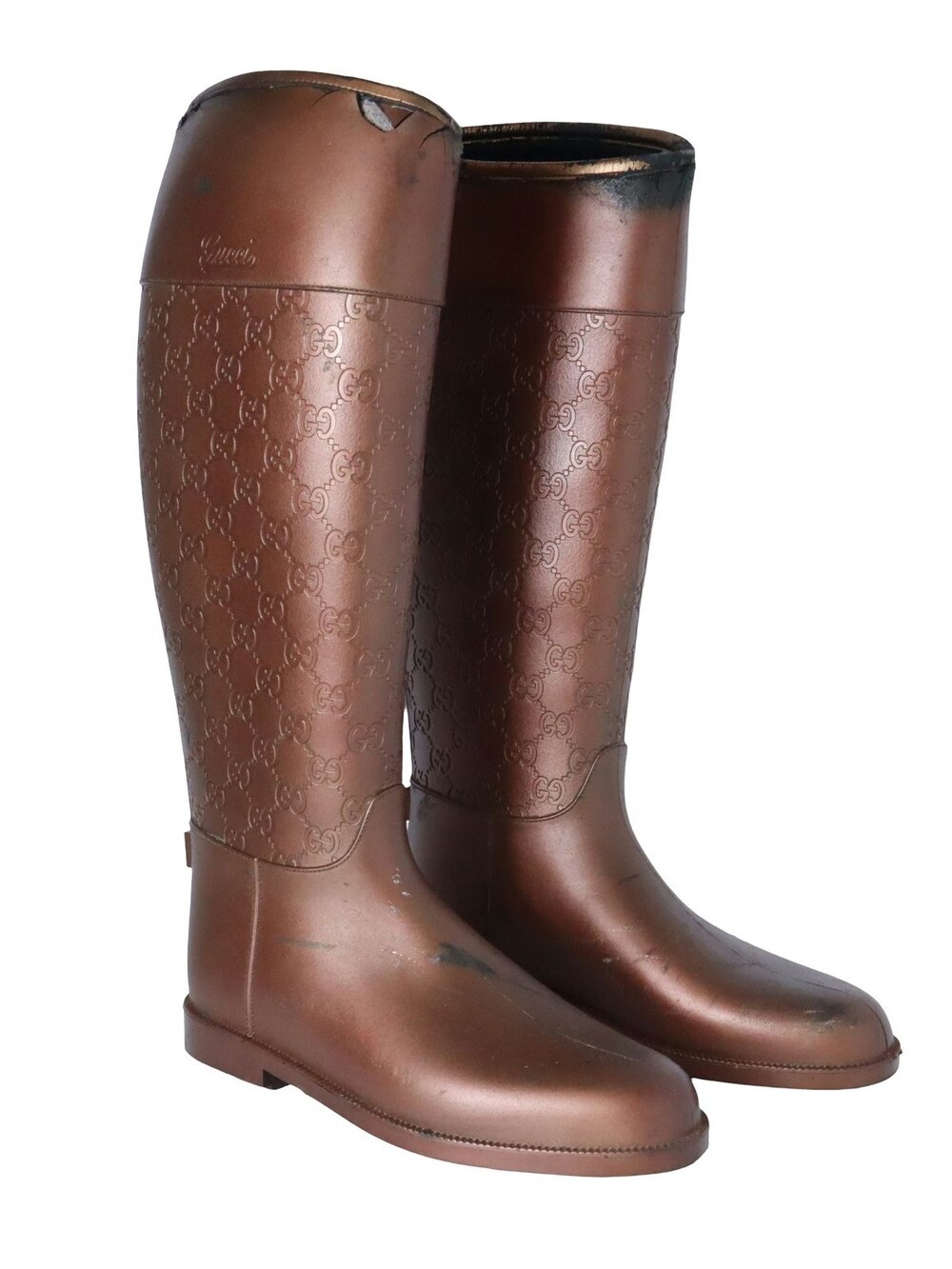 Gucci Wellington Rubber Tall Rain Boots Bronze GG Monogram Logo Women's 37 US 7